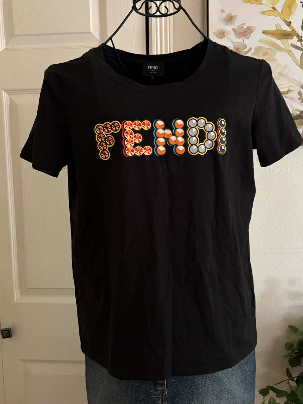Fendi Black Crew Neck Logo Tee with Multicolor Dot Accent Slime